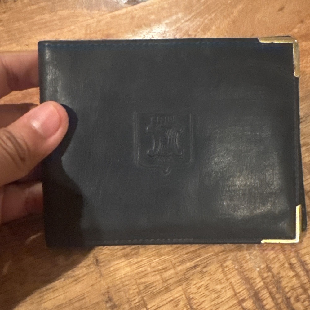 Authentic Celine Vintage Navy Leather Wallet Clutch Gold Hardware Paris